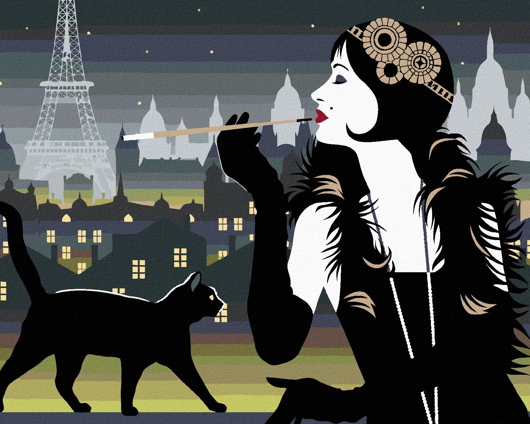 Diamondi – Diamantové maľovanie – ŽENA S ČIERNOU MAČKOU V PARÍŽI, 40 × 50 cm, vypnuté plátno na rám