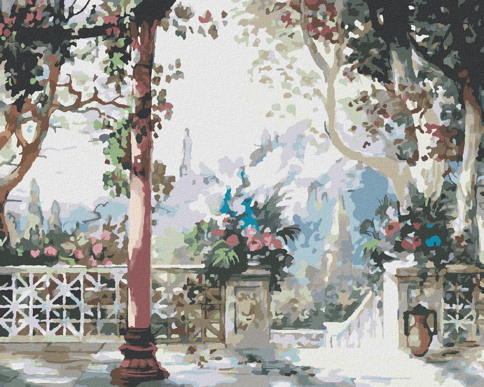 Diamondi – Diamantové maľovanie – TERASA S KVETINAMI, 40 × 50 cm, bez rámu a bez vypnutia plátna