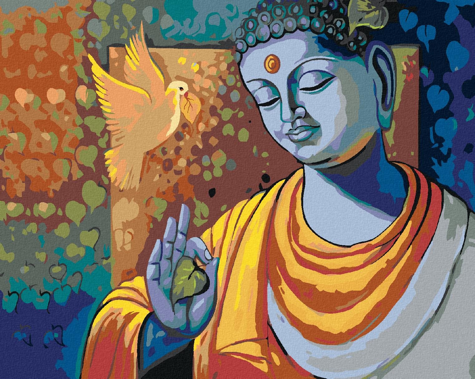 Diamondi – Diamantové maľovanie – BUDDHA A HOLUBICA, 40 × 50 cm, vypnuté plátno na rám
