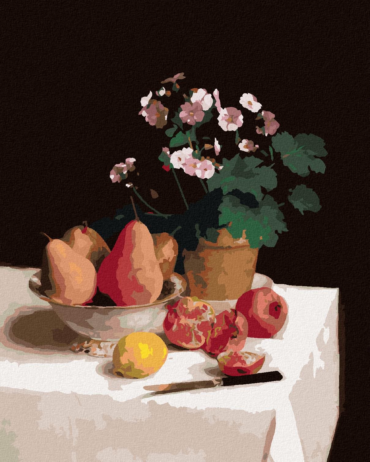 Diamondi – Diamantové maľovanie – ZÁTIŠIE, PRIMULY, HRUŠKY A GRANÁTOVÉ JABLKÁ (HENRI FANTIN-LATOUR), 40 × 50 cm, bez rámu a bez vypnutia plátna