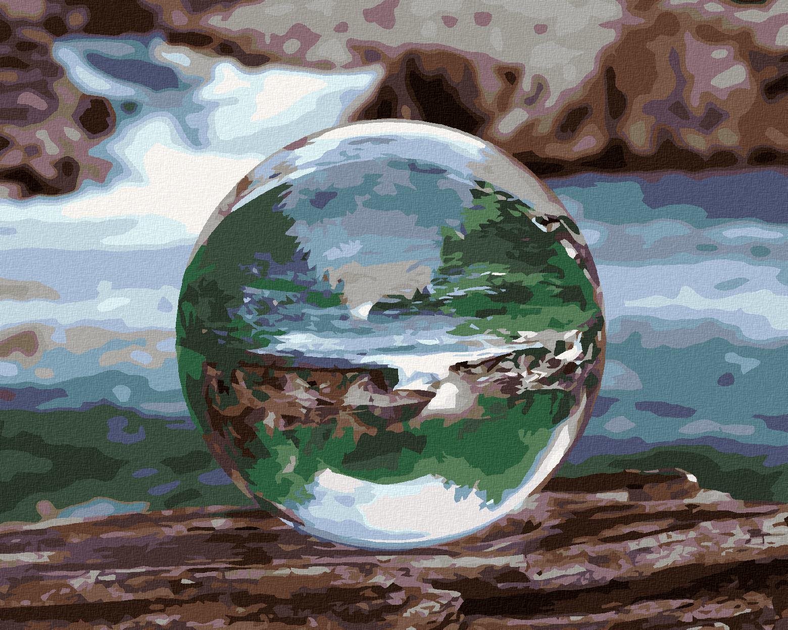 Diamondi – Diamantové maľovanie – KRIŠŤÁĽOVÁ GUĽA S ODRAZOM VODOPÁDU, 40 × 50 cm, vypnuté plátno na rám
