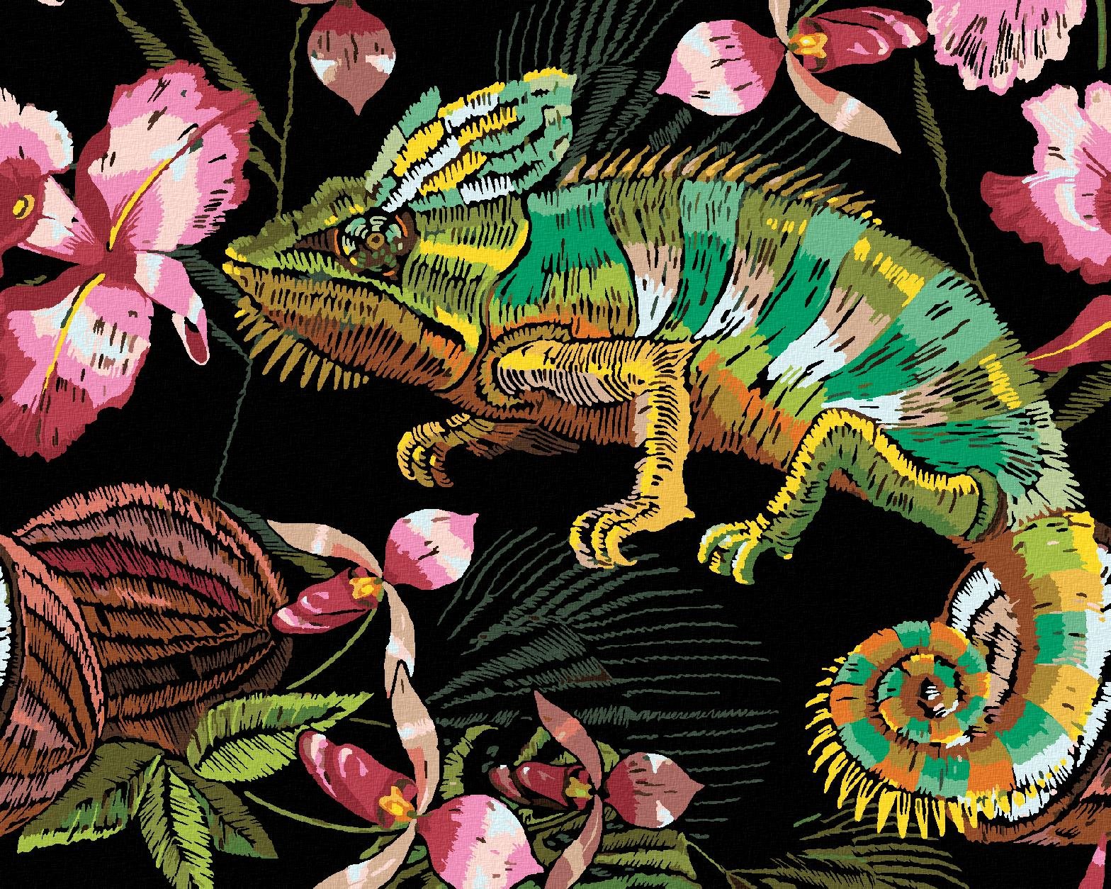 Diamondi – Diamantové maľovanie – CHAMELEÓN A ORCHIDEY, 40 × 50 cm, vypnuté plátno na rám
