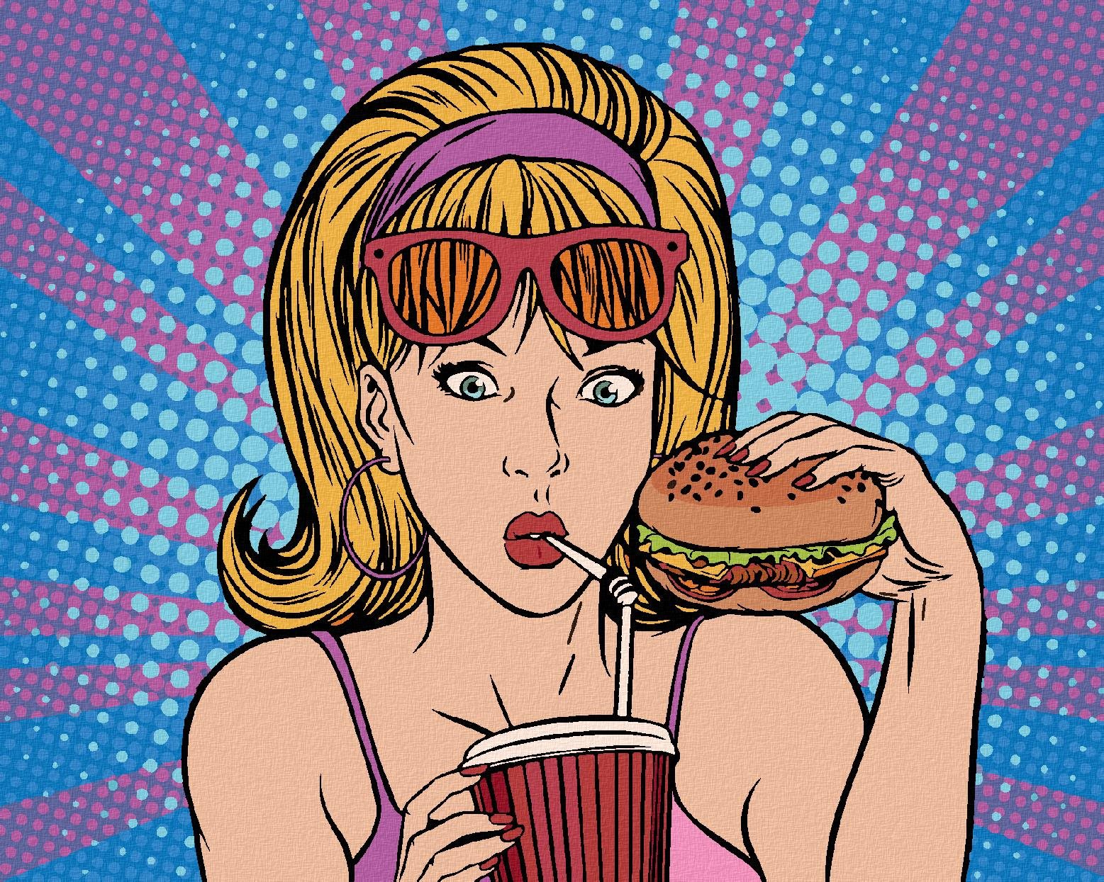 Diamondi – Diamantové maľovanie – POP-ART ŽENA VO FASTFOODE, 40 × 50 cm, vypnuté plátno na rám