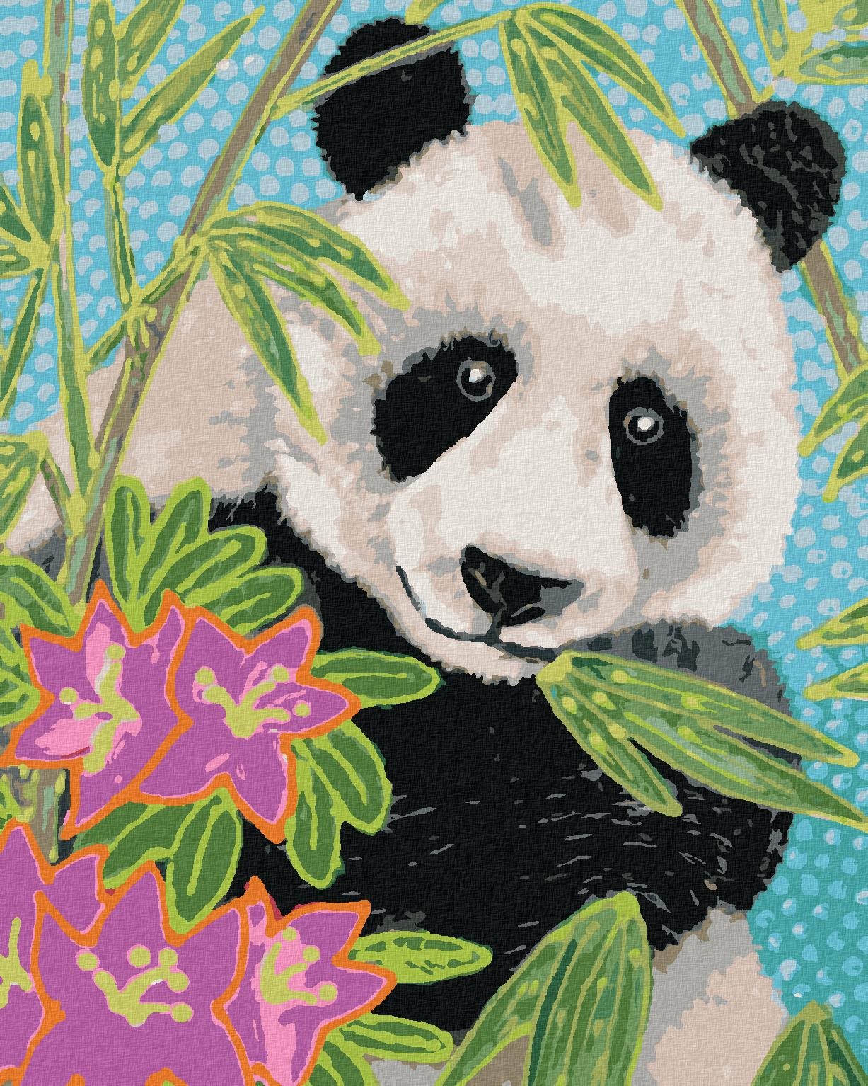 Diamondi – PANDA S BAMBUSOM A KVETINAMI, 40 × 50 cm, vypnuté plátno na rám
