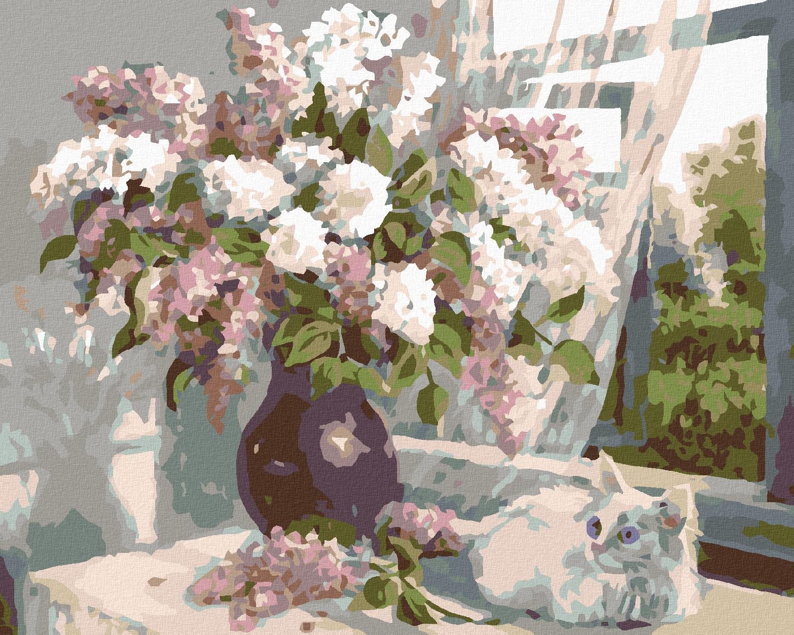 Diamondi – Diamantové maľovanie – BIELA MAČIČKA A ORGOVÁN VO VÁZE, 40 × 50 cm, vypnuté plátno na rám