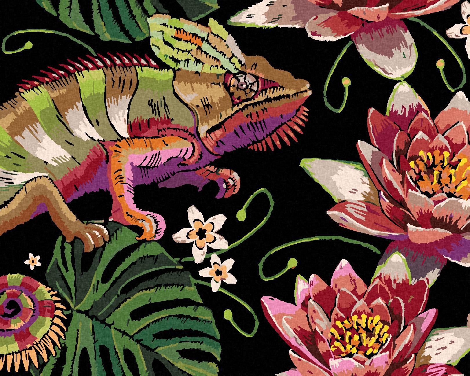 Diamondi – Diamantové maľovanie – CHAMELEÓN MEDZI LEKNAMI, 40 × 50 cm, vypnuté plátno na rám