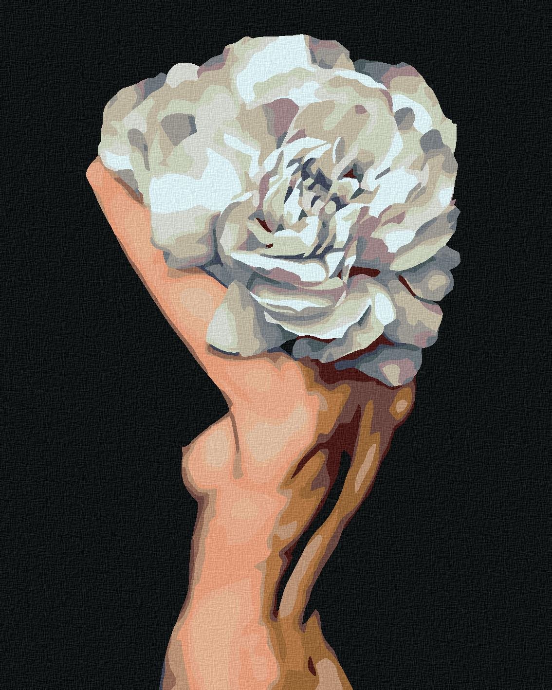 Diamondi – Diamantové maľovanie – NAHÁ ŽENA ZA VEĽKÝM KVETOM, 40 × 50 cm, vypnuté plátno na rám