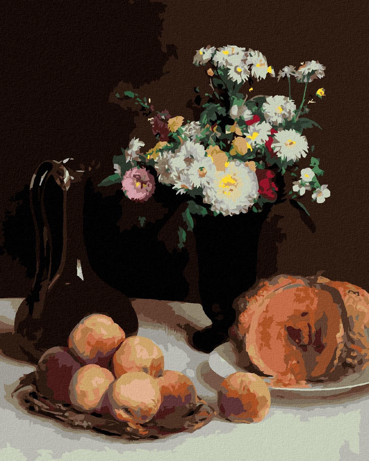 Diamondi – Diamantové maľovanie – ZÁTIŠIE S KARAFOU, KVETINAMI A OVOCÍM (HENRI FANTIN-LATOUR), 40 × 50 cm, vypnuté plátno na rám