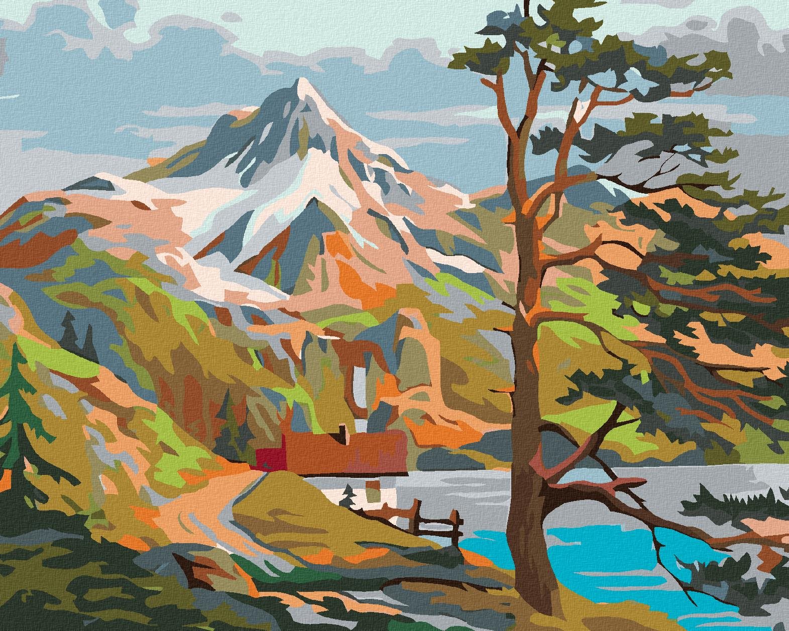 Diamondi – Diamantové maľovanie – DOMČEK PRI JAZERE POD HORAMI, 40 × 50 cm, bez rámu a bez vypnutia plátna