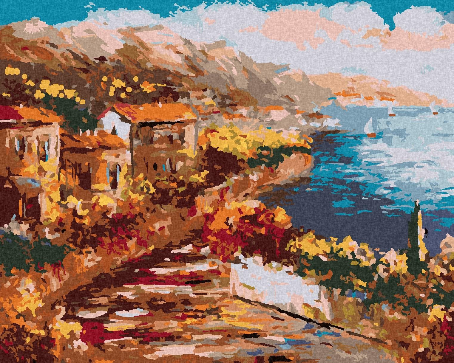 Diamondi – Diamantové maľovanie – VÝHĽAD Z GRECKÉHO PRÍSTAVU, 40 × 50 cm, vypnuté plátno na rám