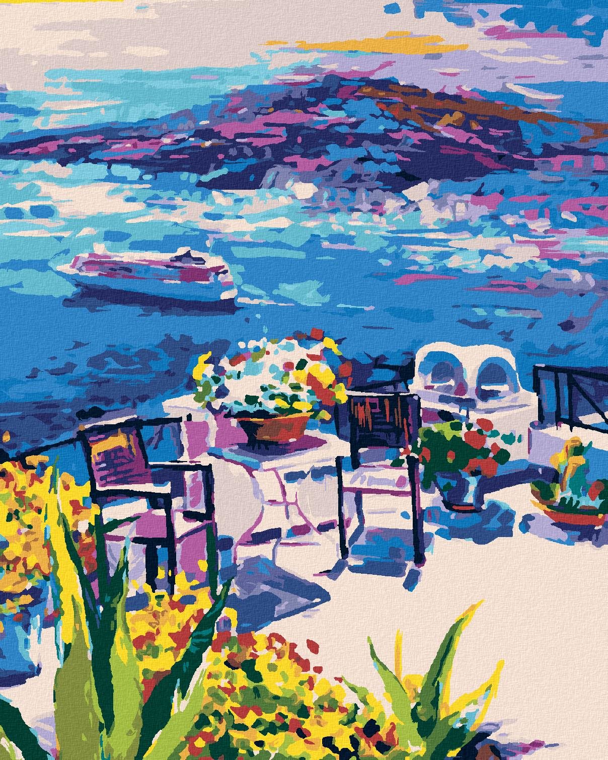 Diamondi – Diamantové maľovanie – TERASA NA SANTORINI, 40 × 50 cm, vypnuté plátno na rám