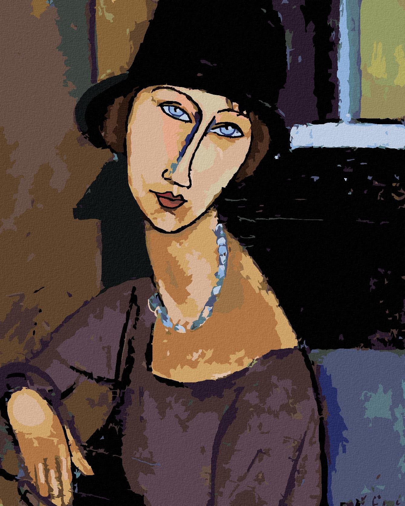 Diamondi – JEANNE HÉBUTERNE S KLOBÚKOM A NÁHRDELNÍKOM (AMEDEO MODIGLIANI), 40 × 50 cm, napnuté plátno