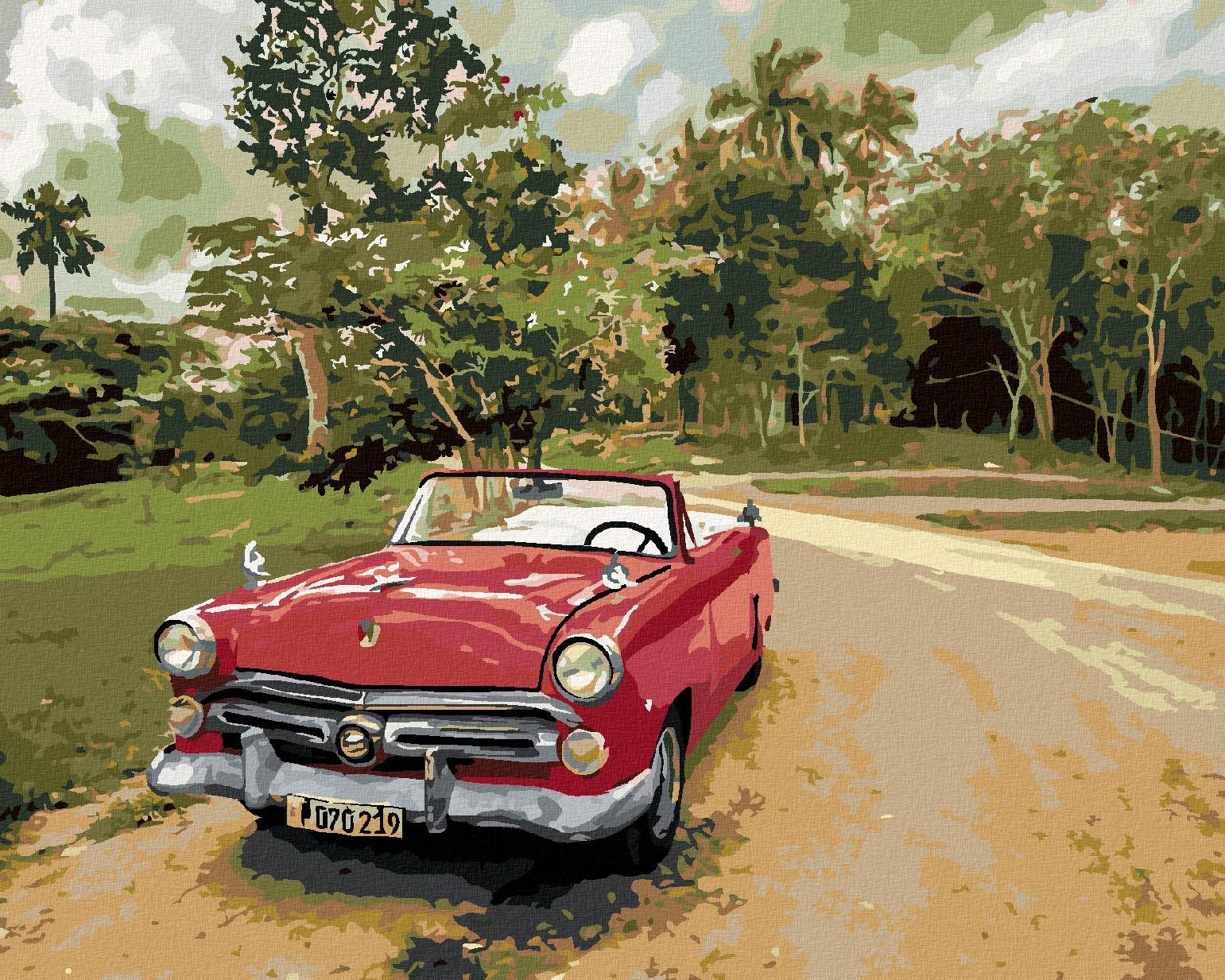 Diamondi – Diamantové maľovanie – ČERVENÉ AUTO NA CESTE, 40 × 50 cm, bez rámu a bez vypnutia plátna