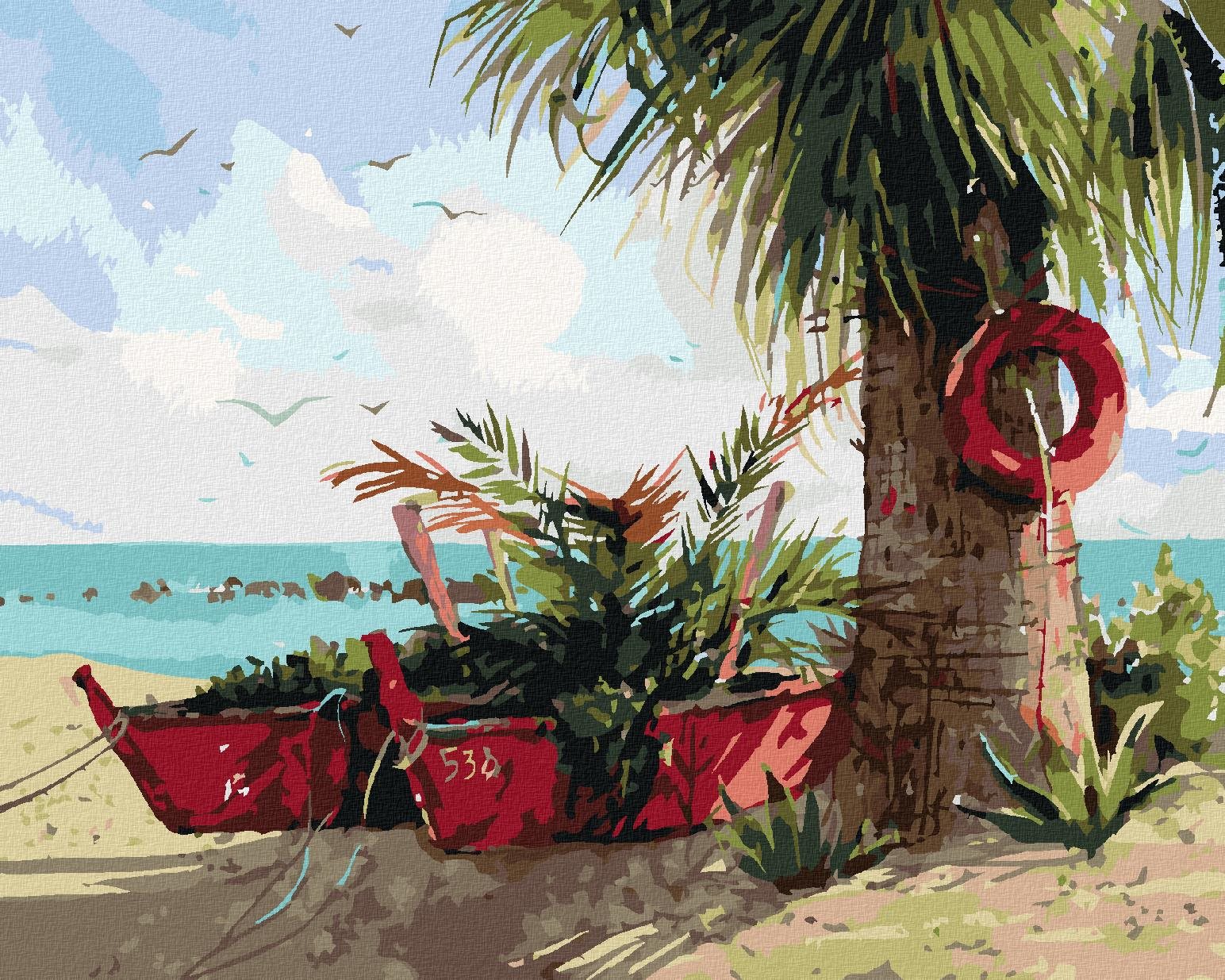 Diamondi – PALMA A DVA ČLNY, 40 × 50 cm, bez rámu a bez napnutého plátna