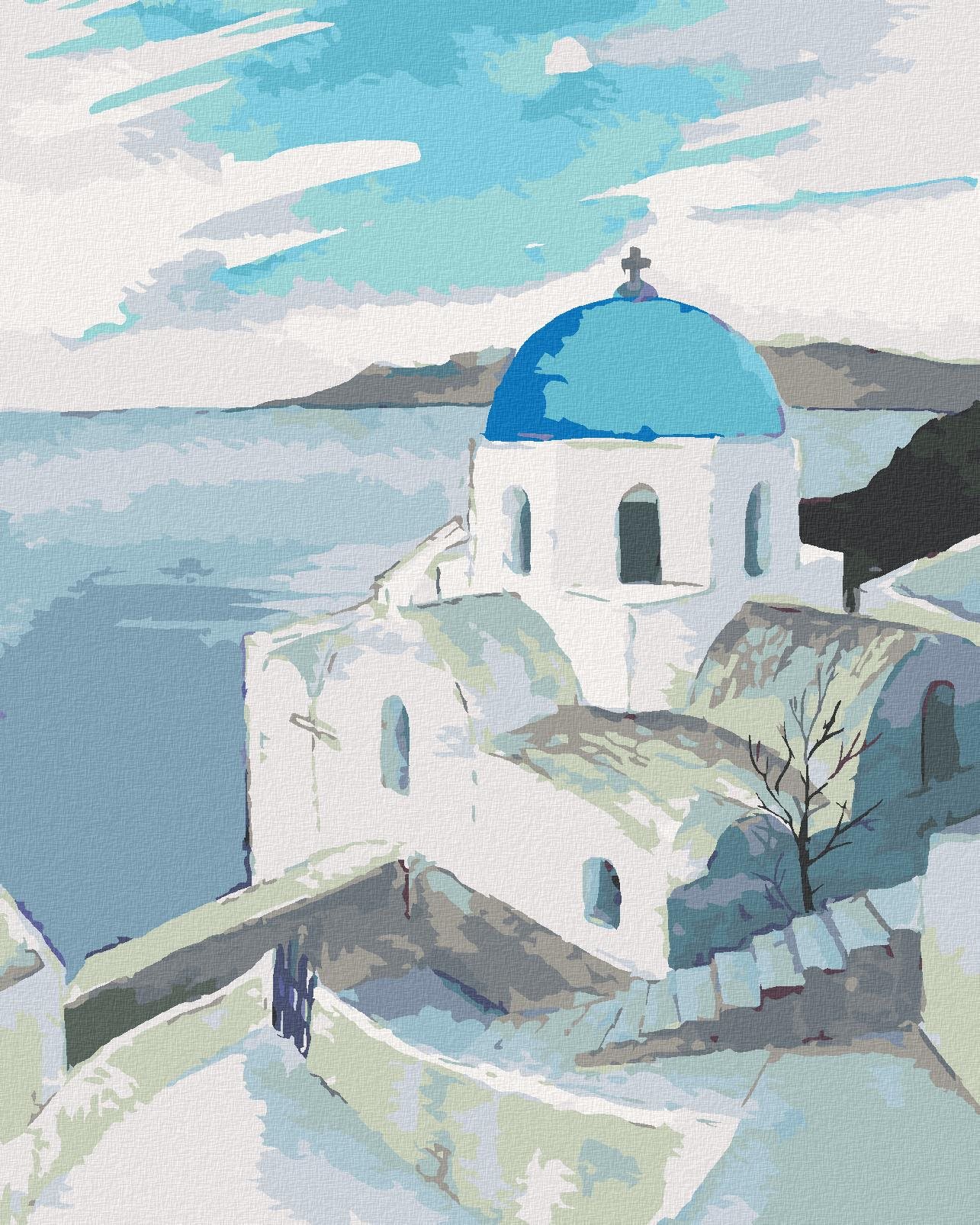 Diamondi – KOSTOL S MODROU KOPULOU NA SANTORINI, 40 × 50 cm, bez rámu a bez napnutia plátna