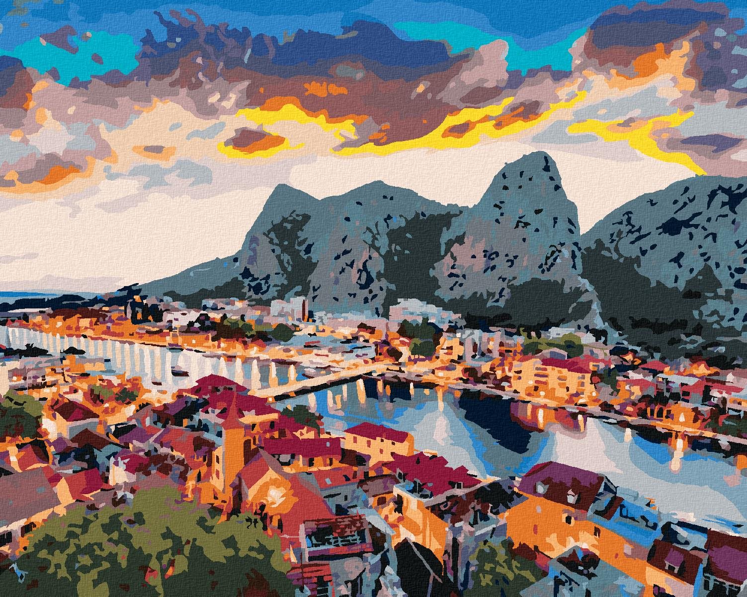 Diamondi – VEČERNÁ PANORÁMA MESTA OMIŠ, 40 × 50 cm, napnuté plátno na rám