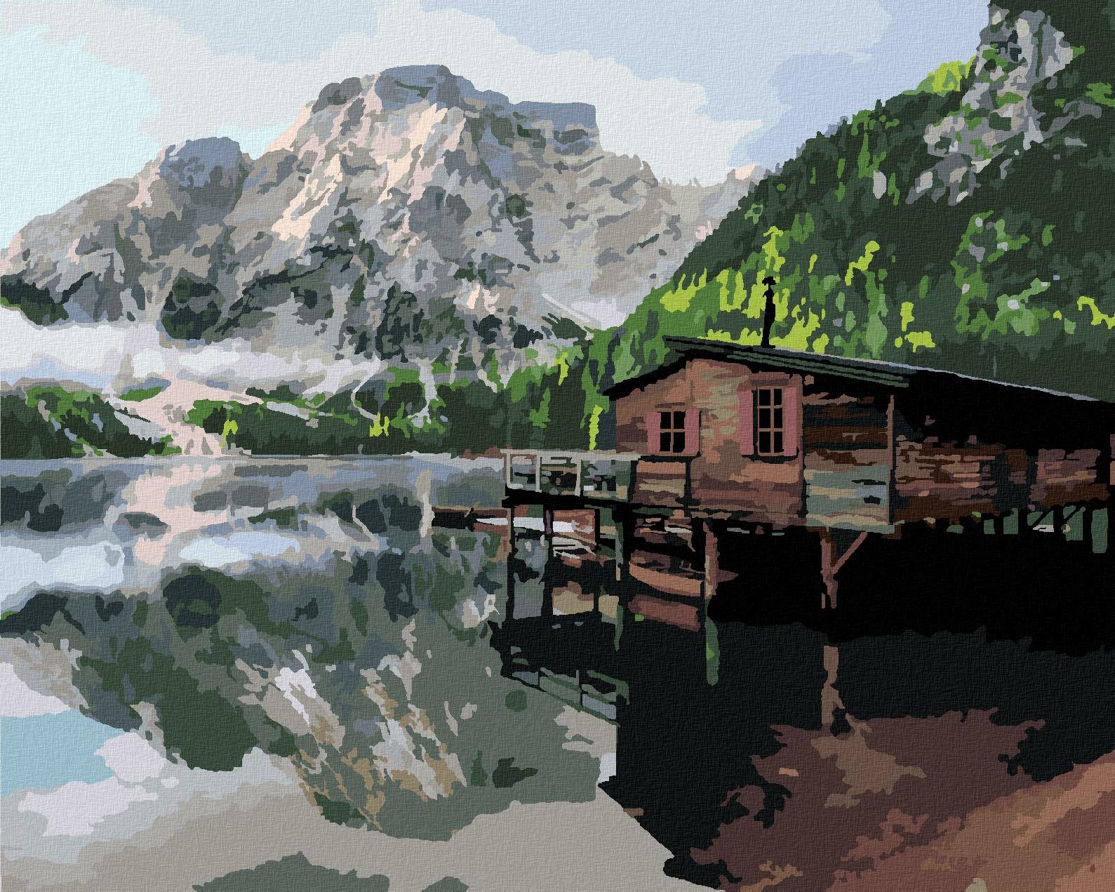 Diamondi – JAZERO S CHATOU A LOĎAMI TALIANSKO, 40 × 50 cm, napnuté plátno na rám