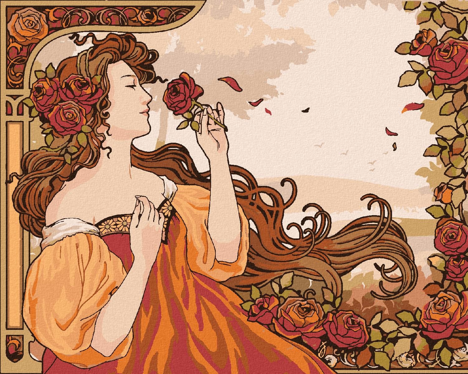 Diamondi – REPRODUKCIA ŽENA A RUŽE (ALFONS MUCHA), 40 × 50 cm, plátno napnuté na rám