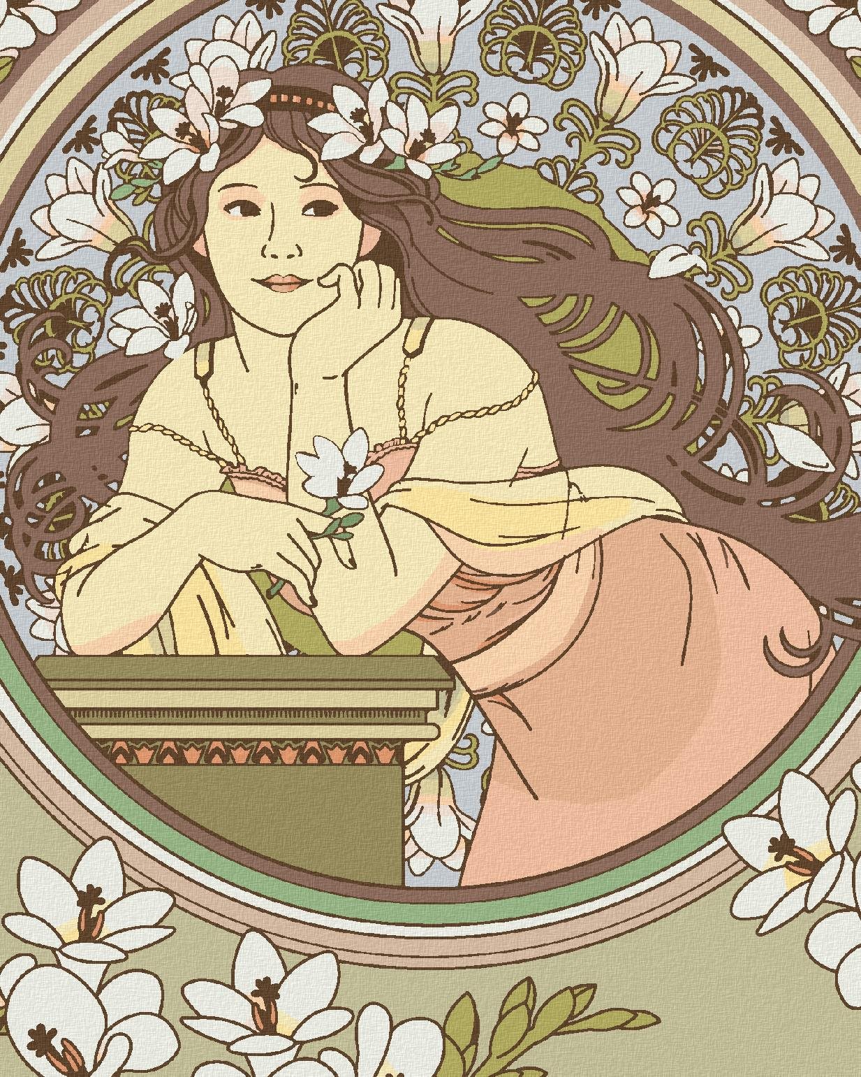 Diamondi – REPRODUKCIA ŽENA A BIELE KVETY (ALFONS MUCHA), 40 × 50 cm, bez rámu a bez napnutia plátna