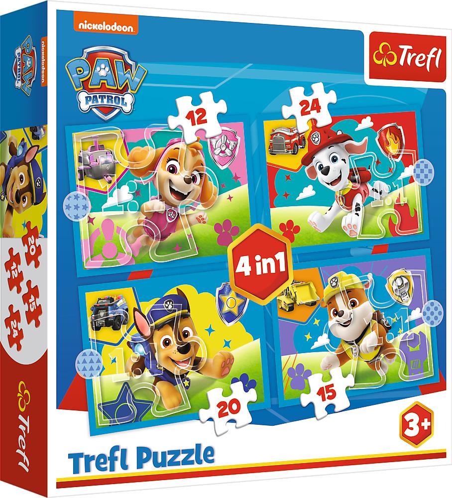 TREFL puzzle Labková patrola: Bežiace šteniatka 4 v 1 (12, 15, 20, 24 dielikov)