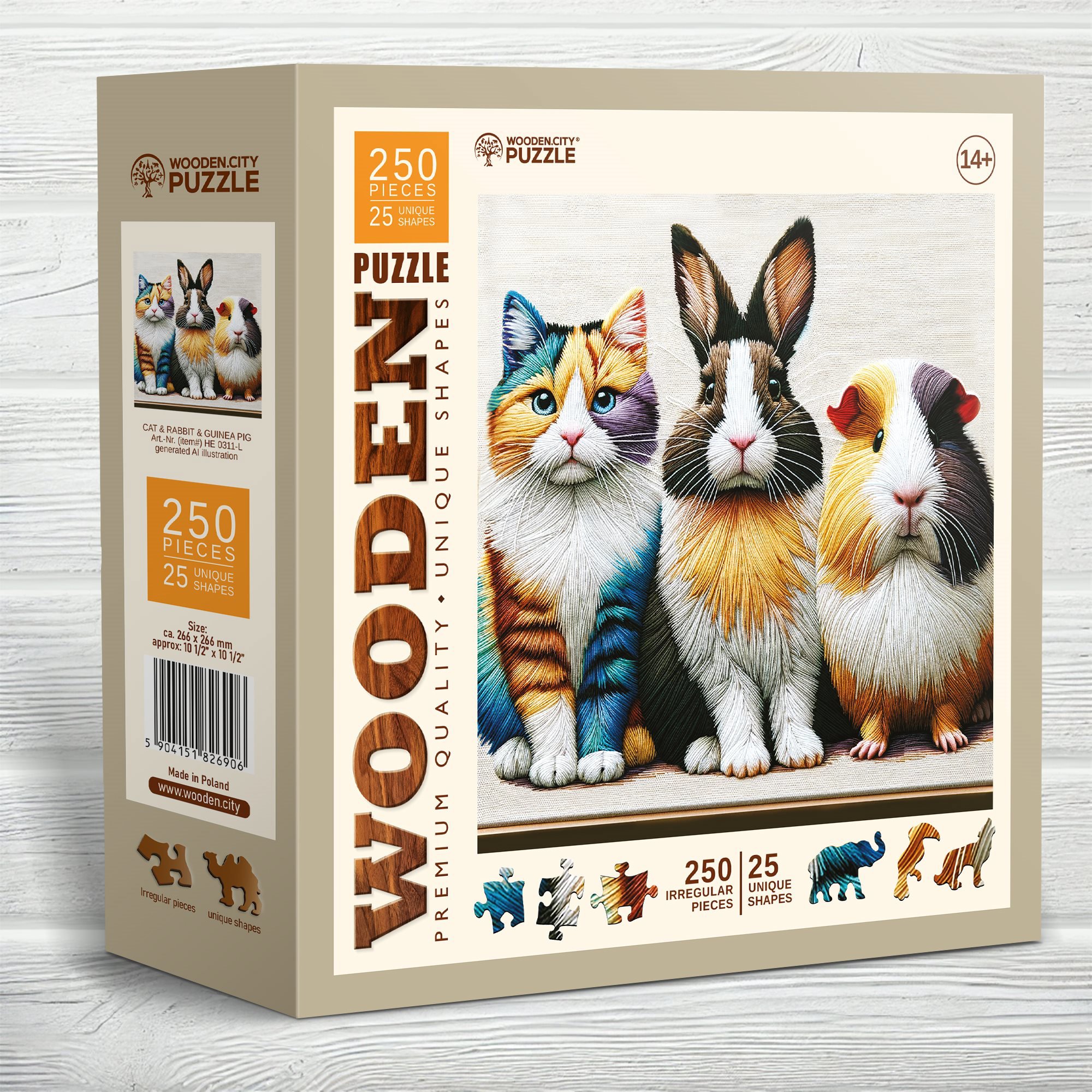 WOODEN CITY drevené puzzle - Mačka, králik a morča 250 dielikov