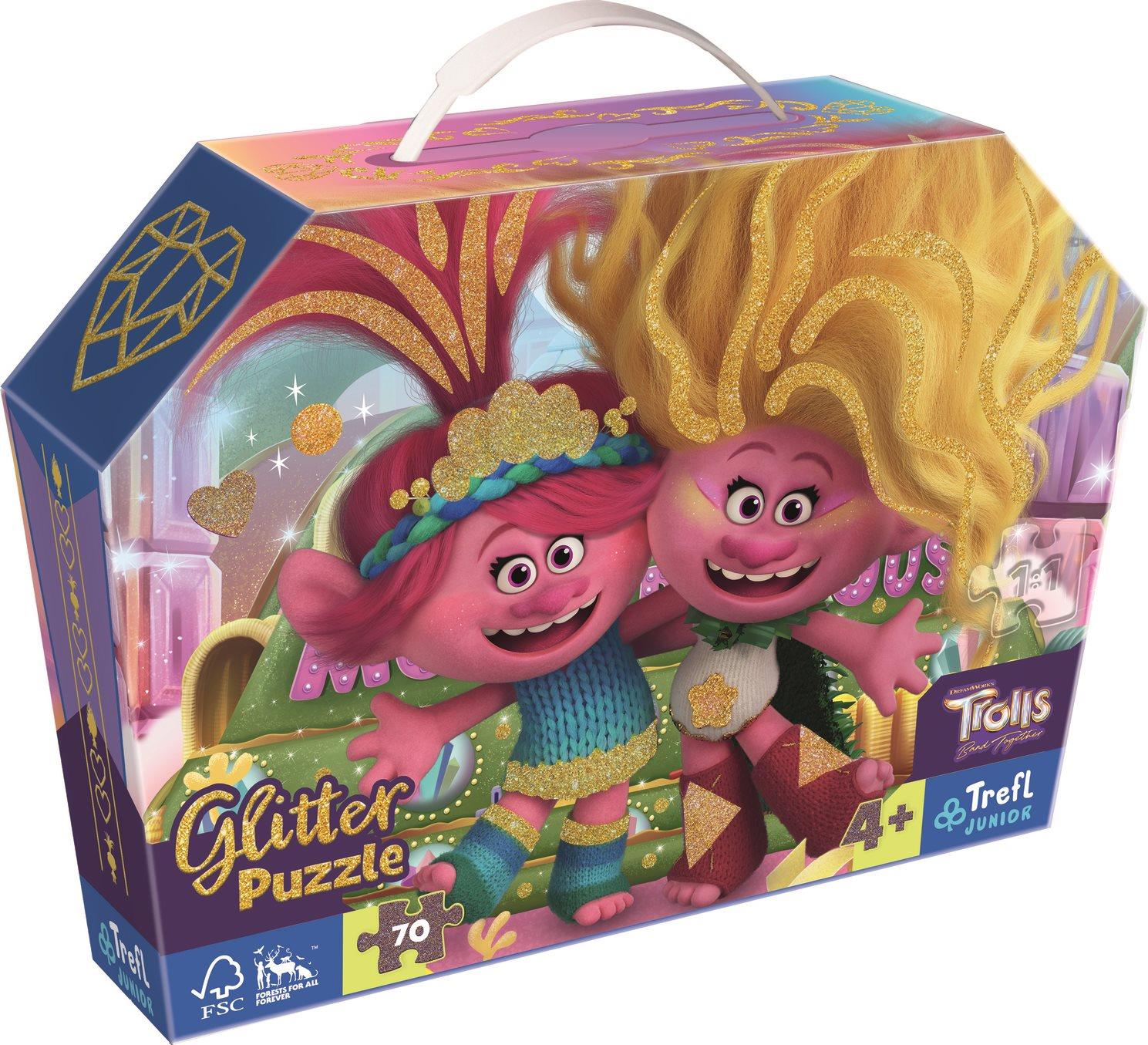Trefl Ligotavé Glitter puzzle v kufríku Trollovia 3, 70 dielikov