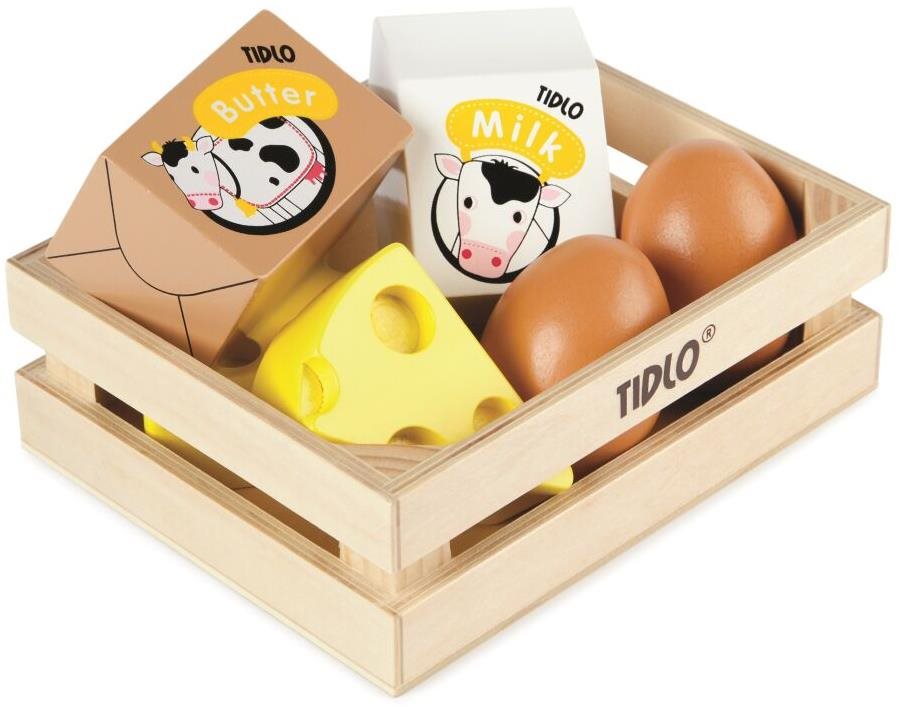 Tidlo Drevená debnička s mliečnymi výrobkami a vajíčkami