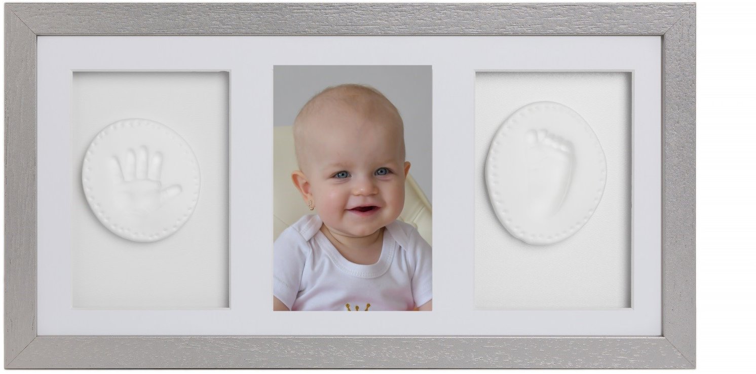 Tiny Memories Súprava na odtlačky nožičiek či ručičiek, trojrámik, darčeková súprava pre bábätko, strieborná