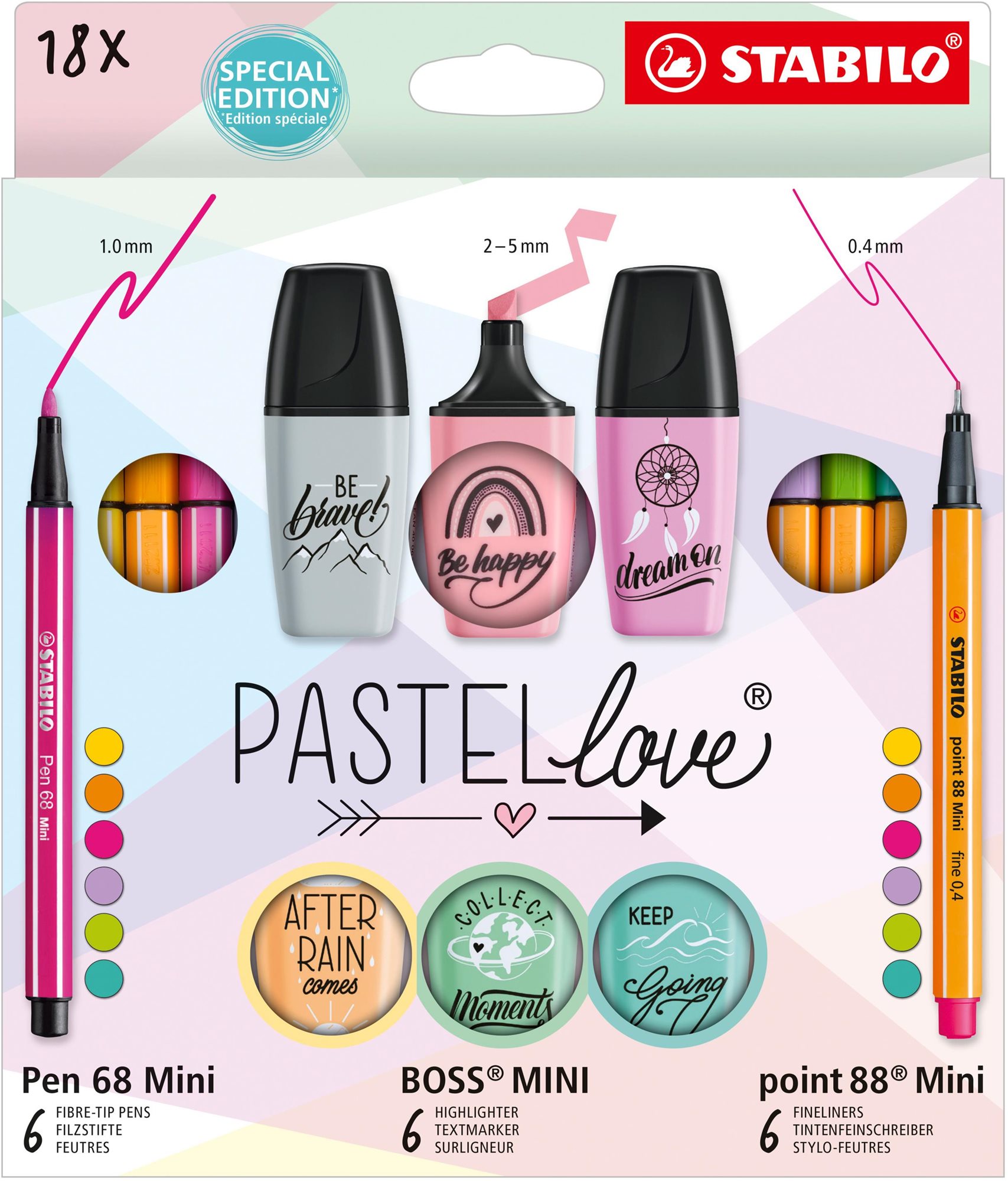 STABILO Pastellove – 18 ks – jemné linery, prémiové vláknové fixy a zvýrazňovače
