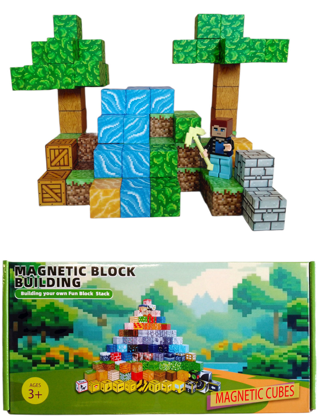Toybit Magnetická stavebnica Minecraft Stromy a vodopád s postavičkou 101 ks