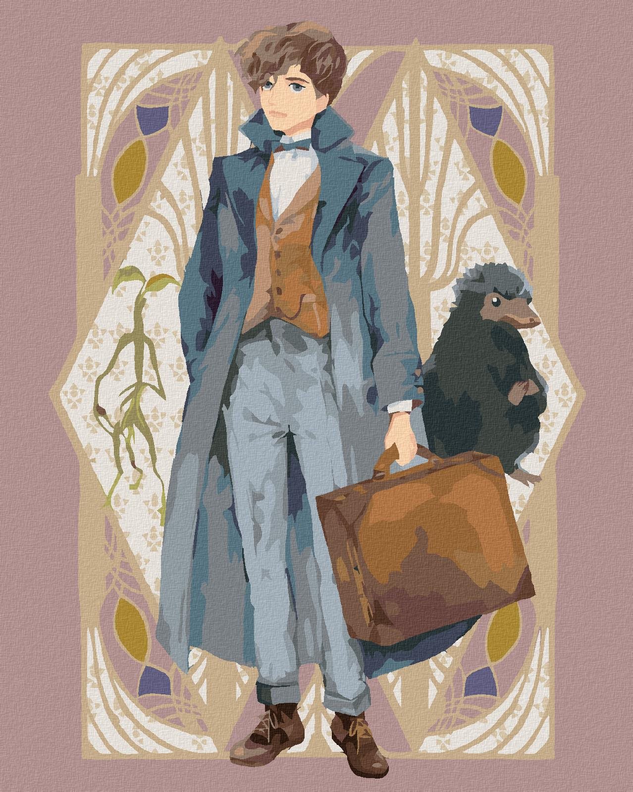 Zuty – kreslený Mlok Scamander s kufrom, Stromostrážca a Ňucháč (Fantastické zvieratá), 40×50 cm, bez rámu a bez vypnutia plátna