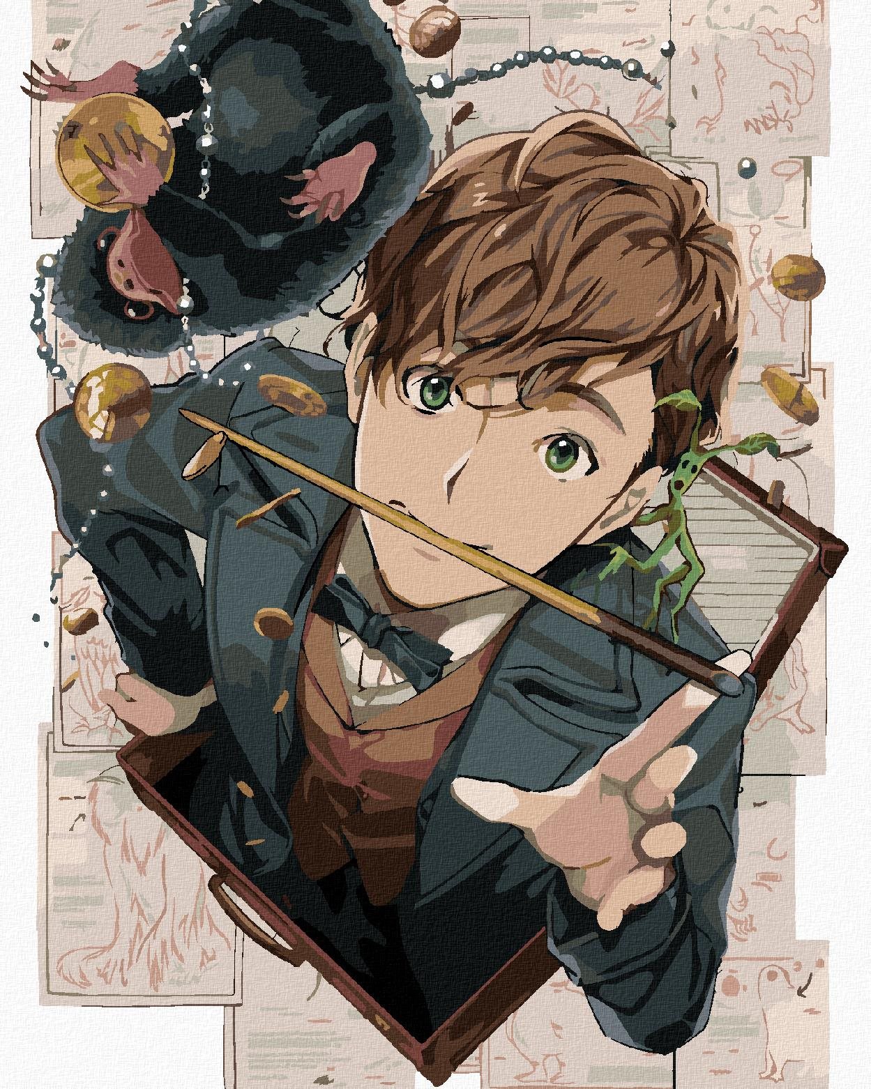 Zuty – Kreslený Mlok Scamander s kufrom, stromostrážca a ňucháč (Fantastické zvieratá), 40×50 cm, bez rámu a bez vypnutia plátna