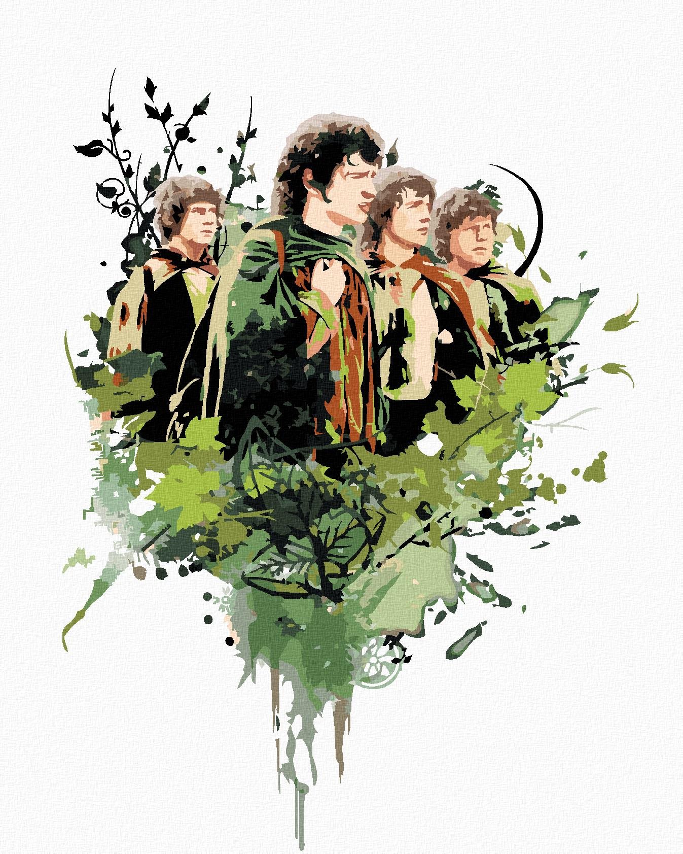 Zuty – Maľovaný Frodo a hobiti (Pán Prsteňov), 40 × 50 cm, plátno napnuté na rám