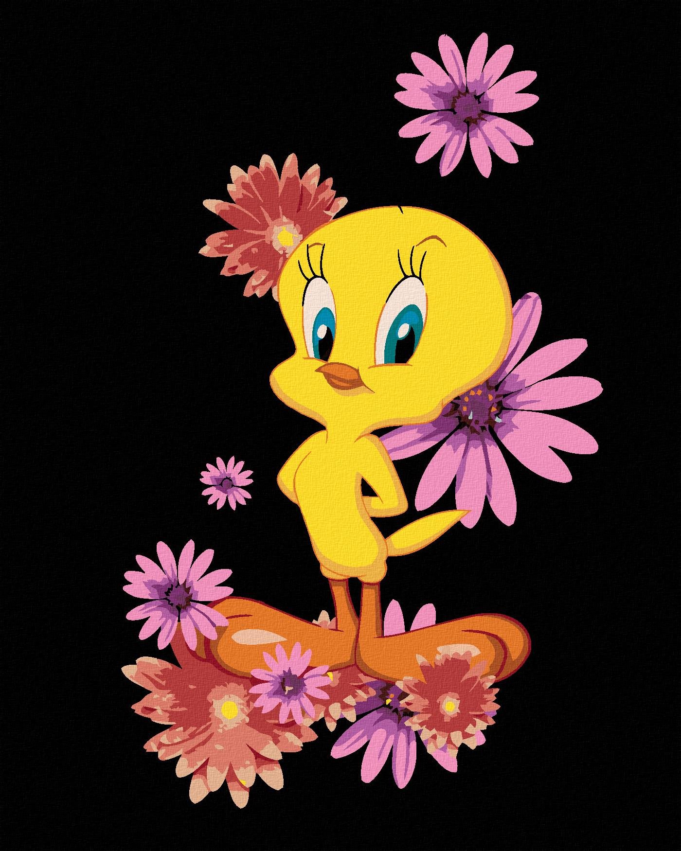 Zuty – Tweety a ružové kvety (Looney Tunes), 40×50 cm, vypnuté plátno na rám