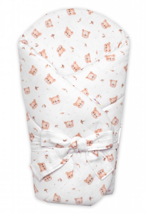 Baby Nellys Mušelínová zavinovačka s výstužou na zaväzovanie Teddy Bear, 75 × 75 cm, biela