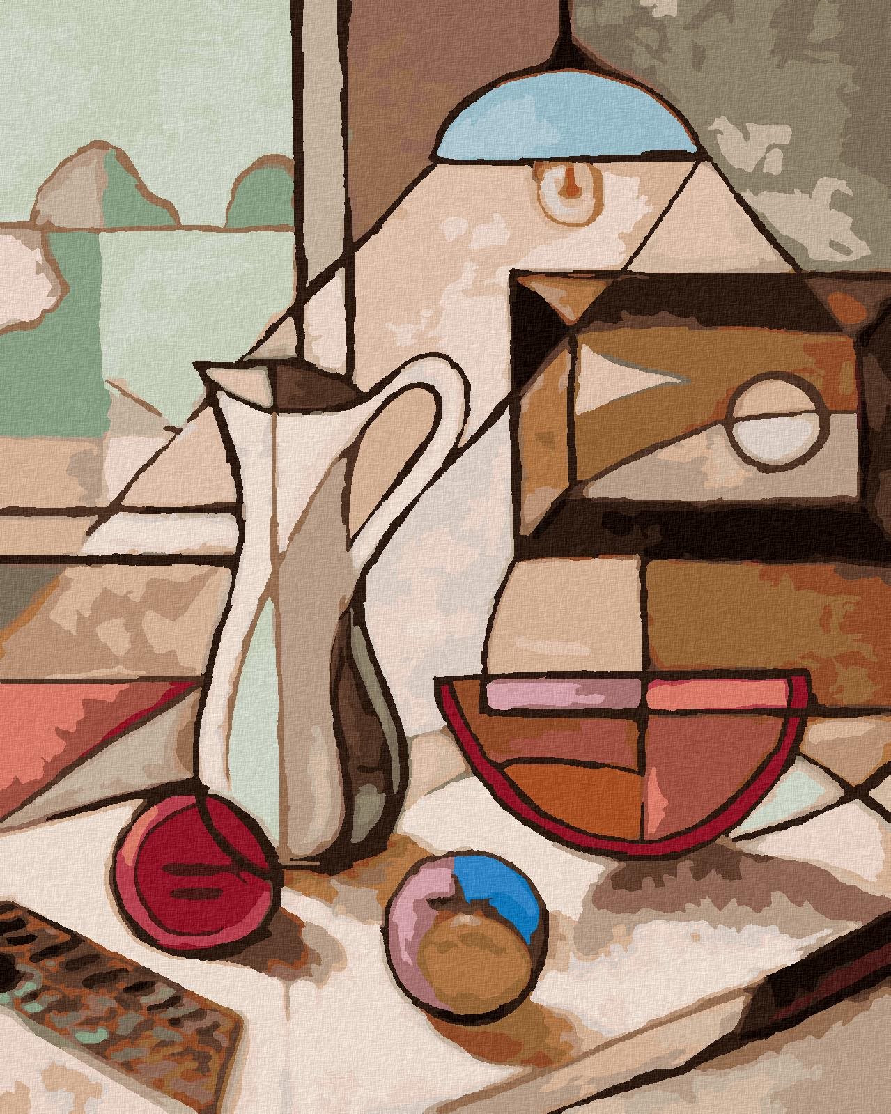 Abstraktné zátišie s džbánom a ovocím, 40 × 50 cm, vypnuté plátno na rám