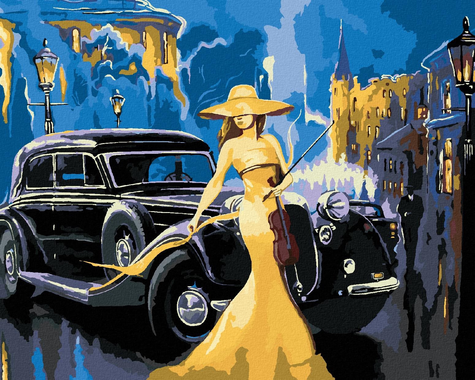 Auto a dievča s husľami, 40 × 50 cm, vypnuté plátno na rám