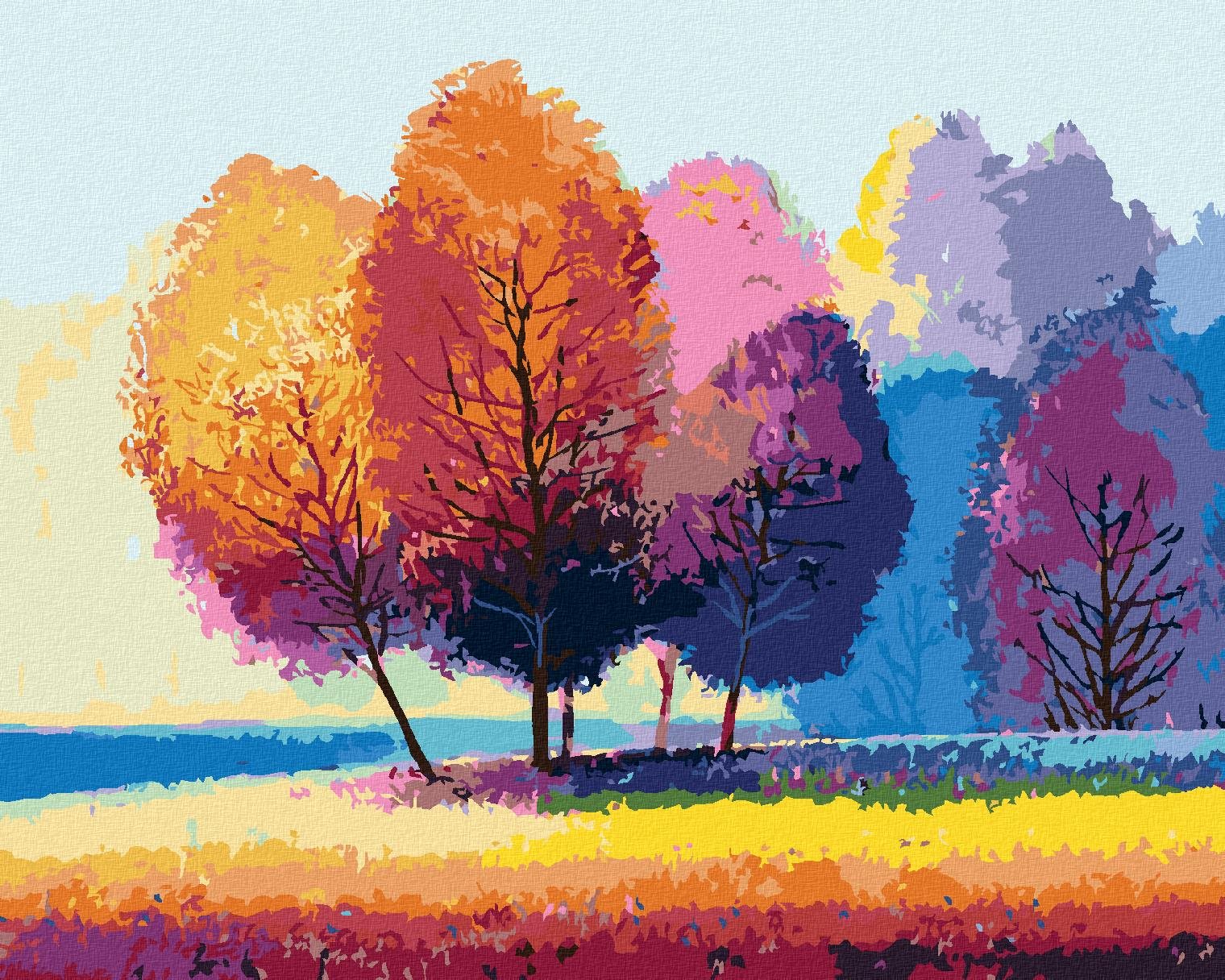 Farebné stromy na okraji lesa, 80 × 100 cm, vypnuté plátno na rám