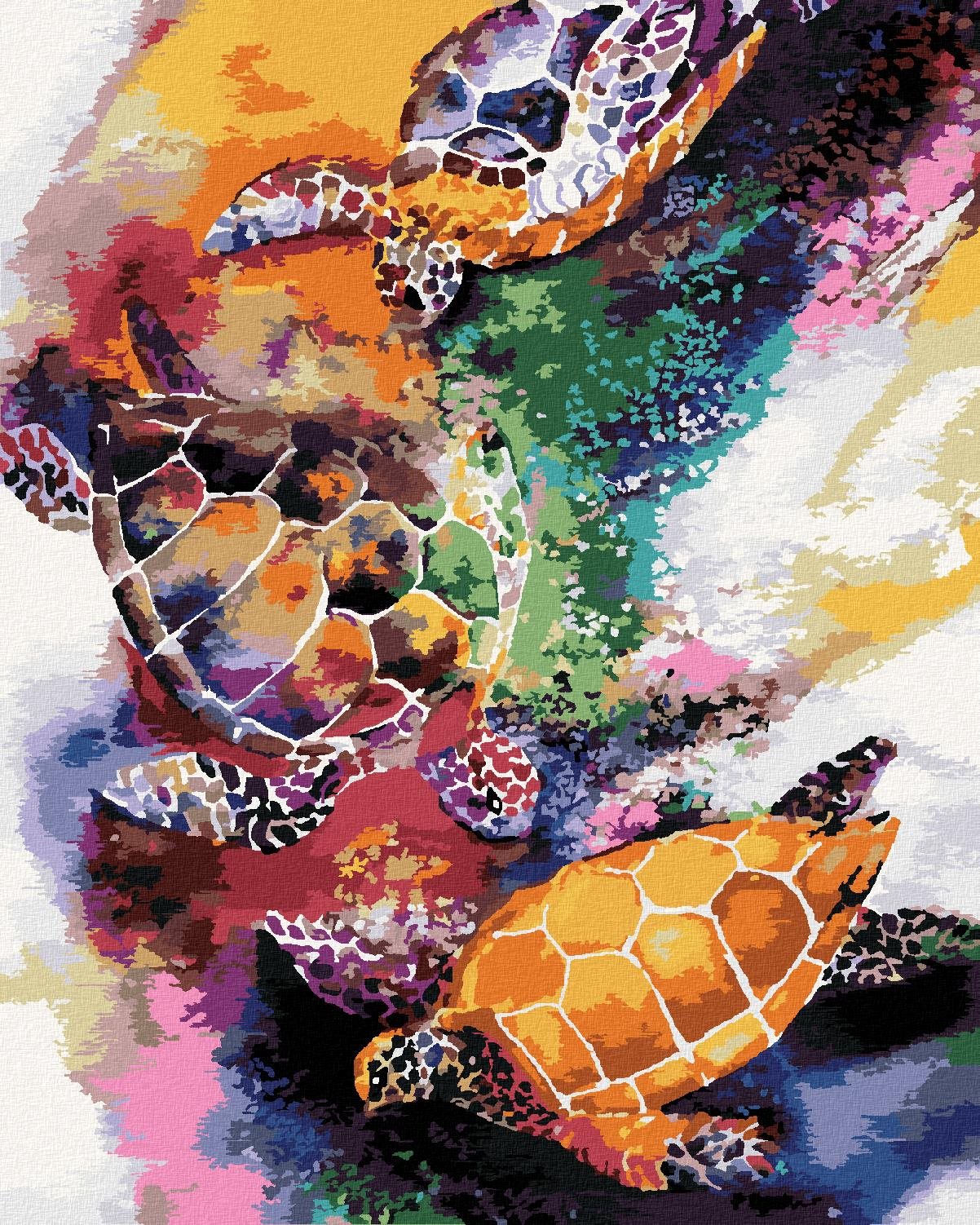 Farebné korytnačky vo vode, 40 × 50 cm, vypnuté plátno na rám