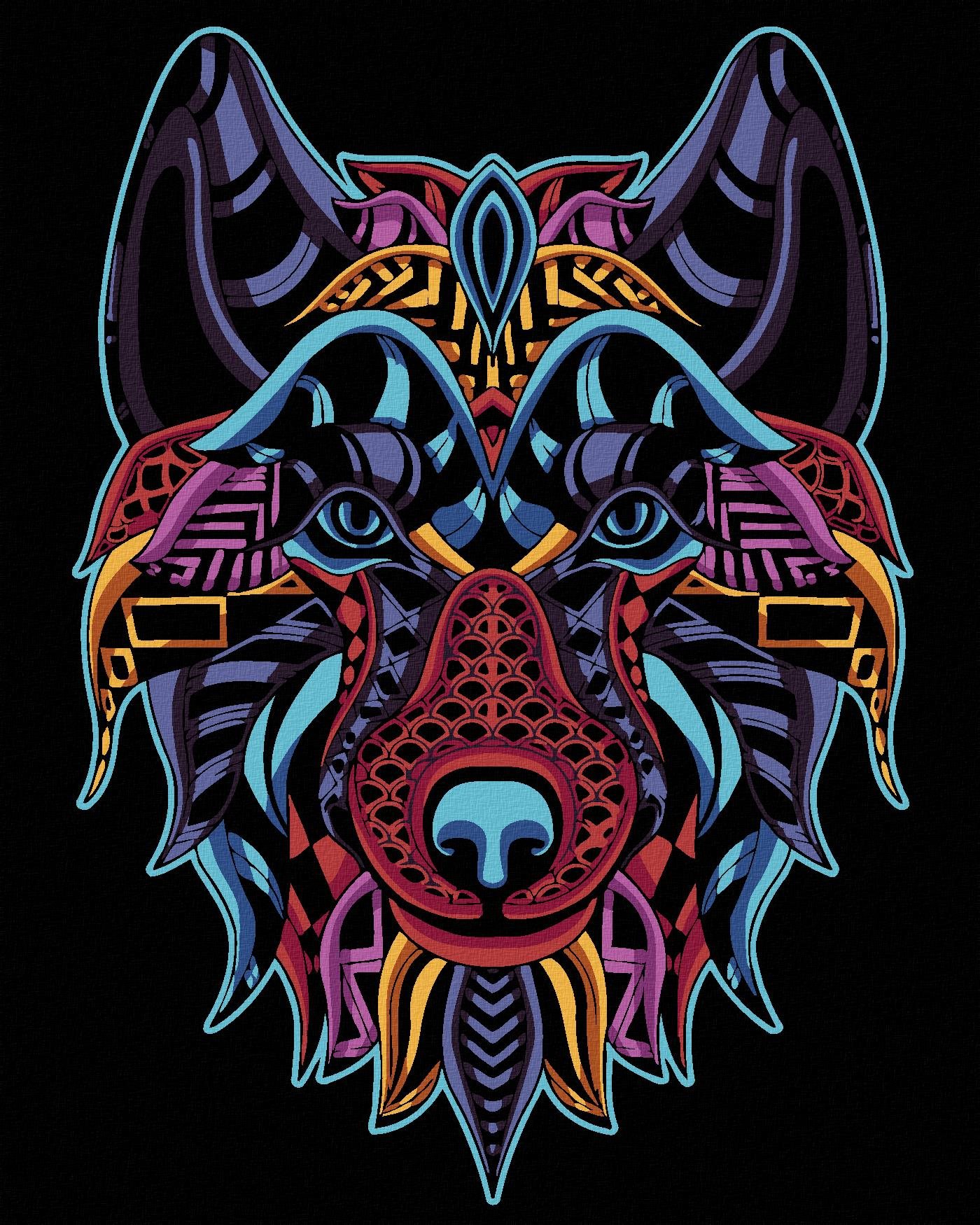 Farebný vlk na čiernom pozadí, 40 × 50 cm, vypnuté plátno na rám