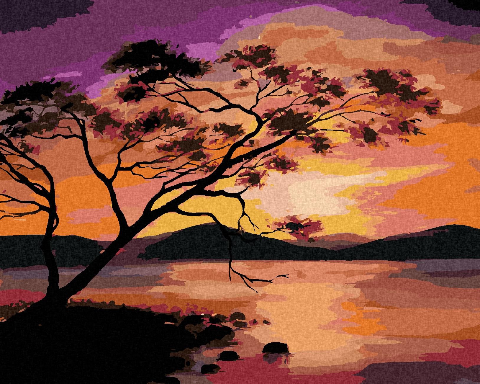 Farebný západ slnka nad priehradou, 80 × 100 cm, plátno napnuté na rám