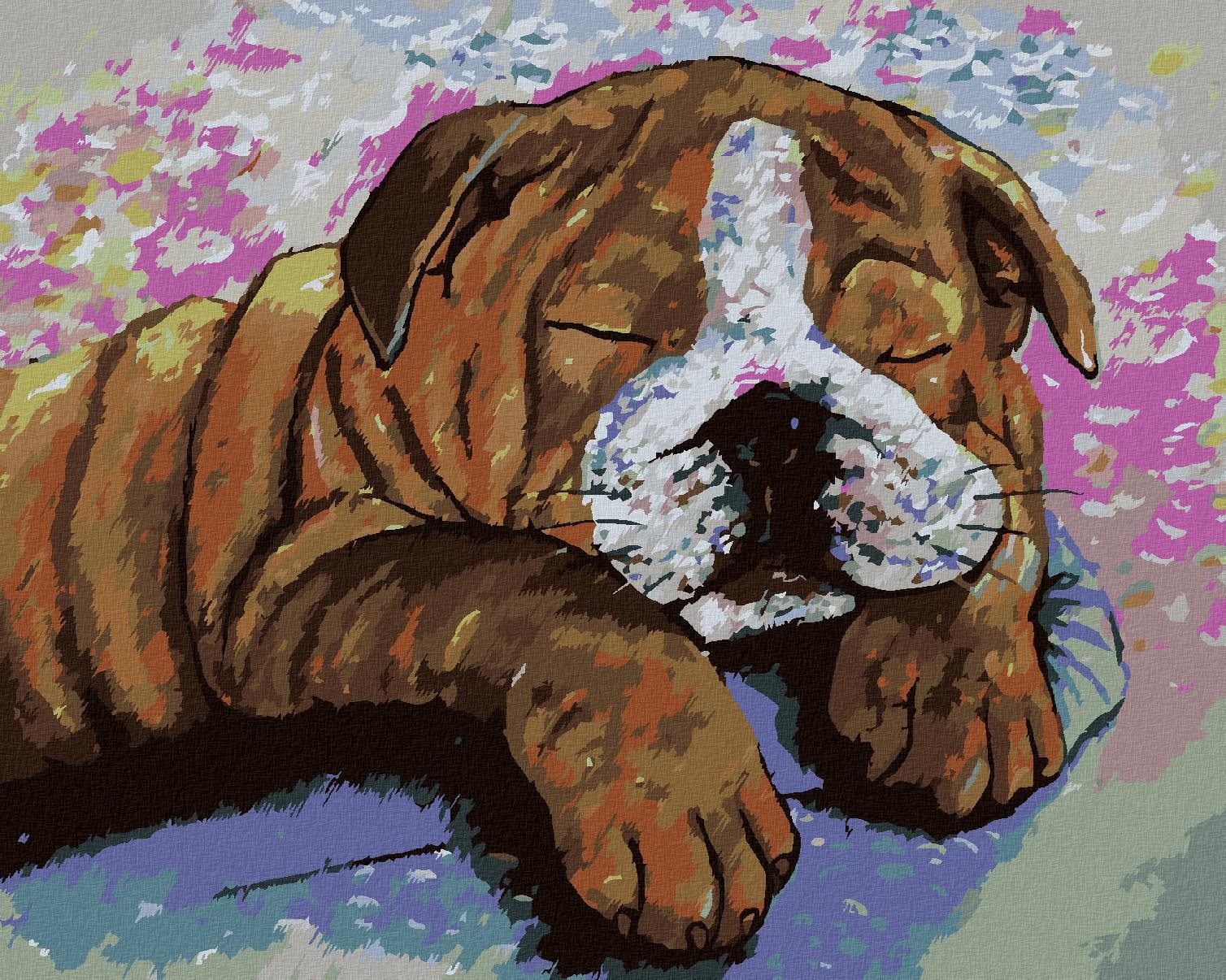 Buldoček v kravskom preoblečení, 80 × 100 cm, plátno napnuté na rám
