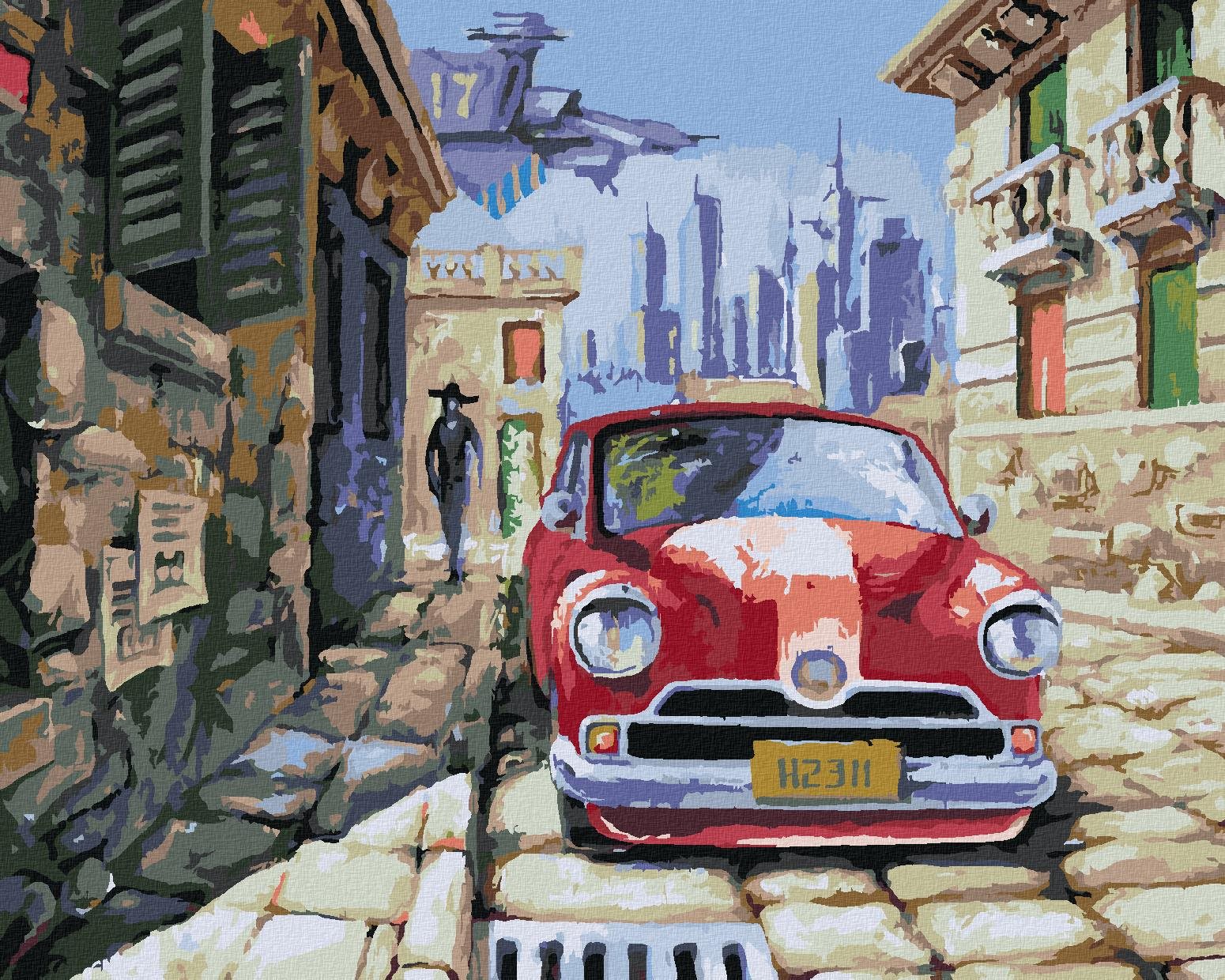 Červené auto, 80 × 100 cm, plátno napnuté na rám