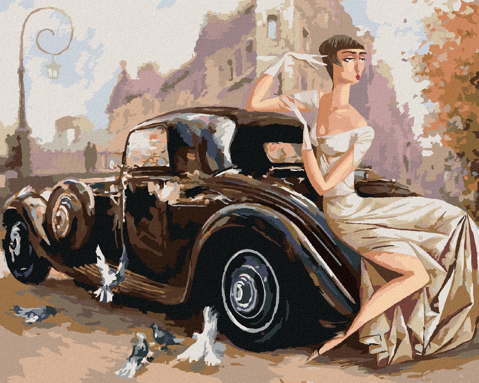 Dáma pri retro aute, 80 × 100 cm, bez rámu a bez napnutia plátna