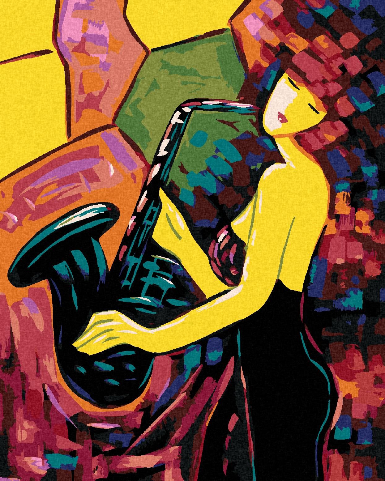 Dievča hrajúce na saxofón, 40×50 cm, bez rámu a bez vypnutia plátna