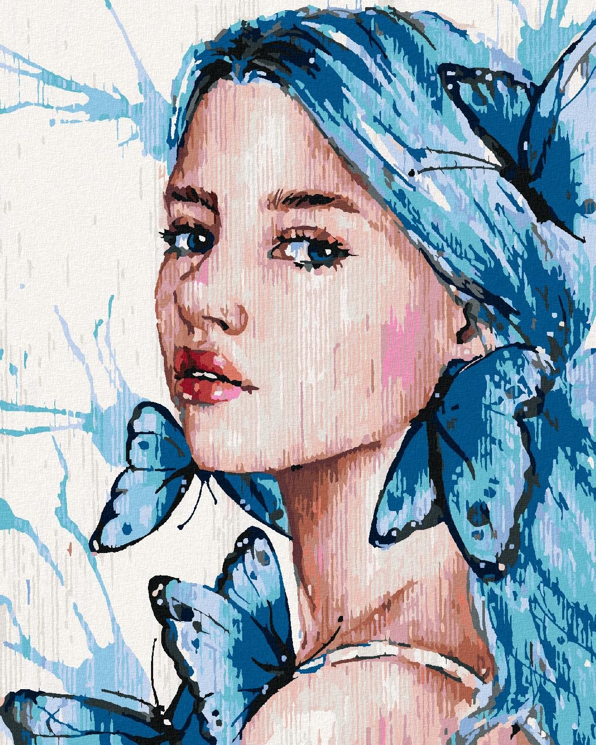 Dievča s modrými vlasmi a motýľmi, 40×50 cm, bez rámu a bez vypnutia plátna