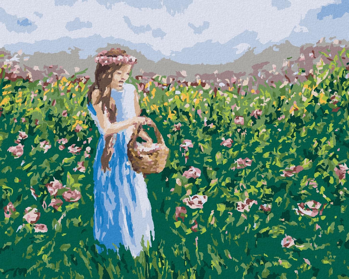 Dievča zbierajúce kvety do košíka, 40×50 cm, bez rámu a bez vypnutia plátna