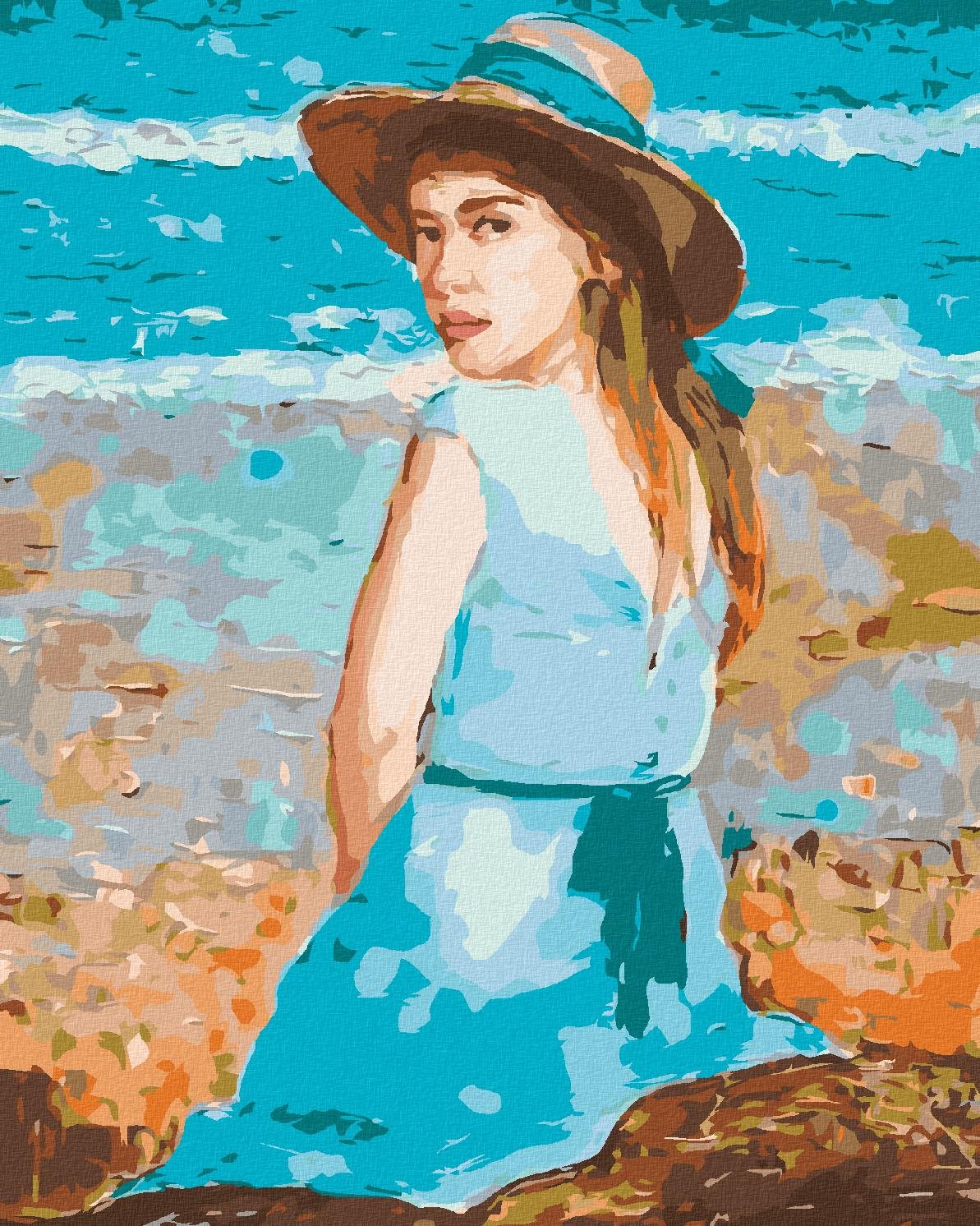Dievča v modrých šatách s klobúkom, 40×50 cm, bez rámu a bez vypnutia plátna