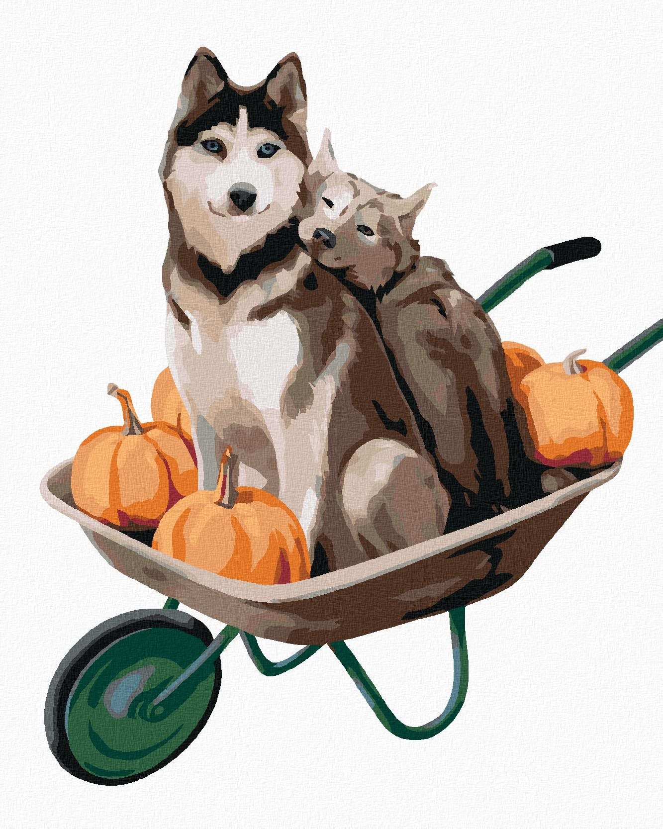 Dvaja huskyovia vo fúriku, 80 × 100 cm, plátno napnuté na rám