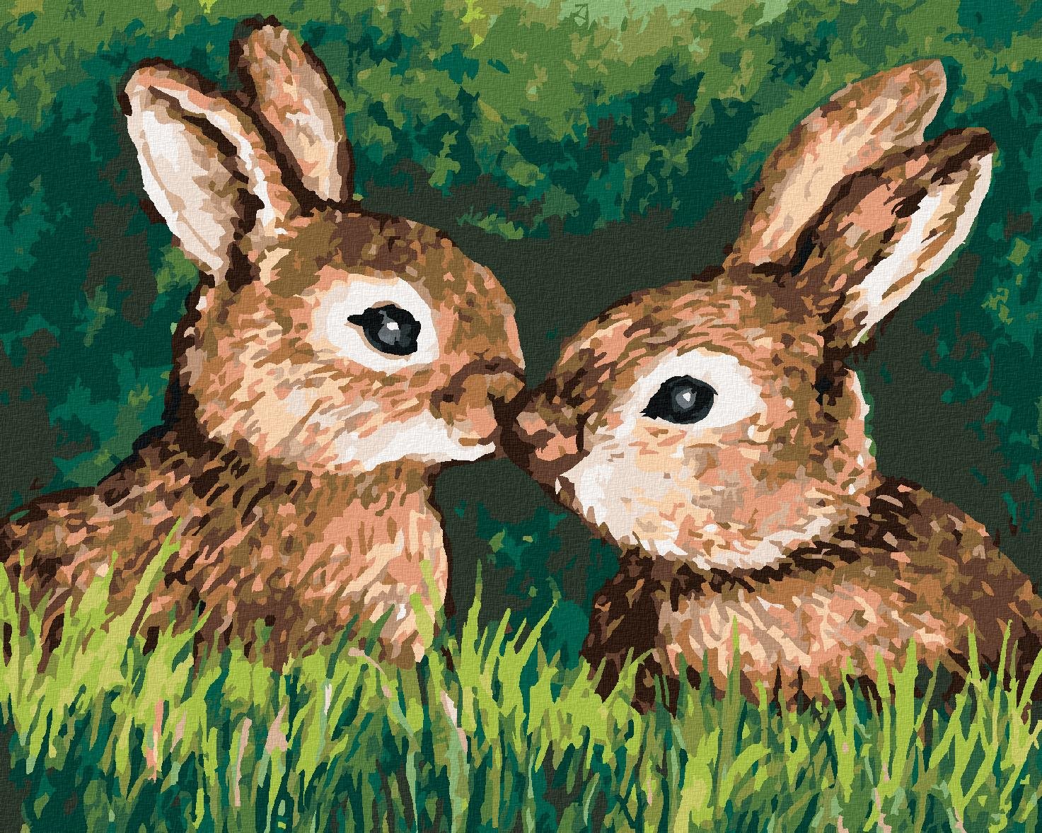 Dva šťastné zajačiky v tráve, 40 × 50 cm, bez rámu a bez napnutia plátna